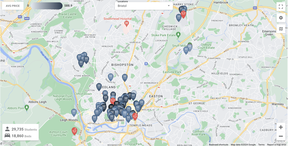 Map of Bristol from StudentCrowd Insight Tool with pins on it