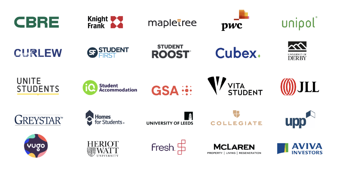 CBRE, Knight Frank, Mapletree, PwC, Unipol, Curlew, Student First Group, Student Roost, Cubex, Uni of Derby, Unite, iQ, GSA, Vita Student, JLL, Greystar, HFS, Uni of Leeds, Collegiate, UPP, Yugo, Heriot Watt, Fresh, Mclaren and Aviva Investors Logos