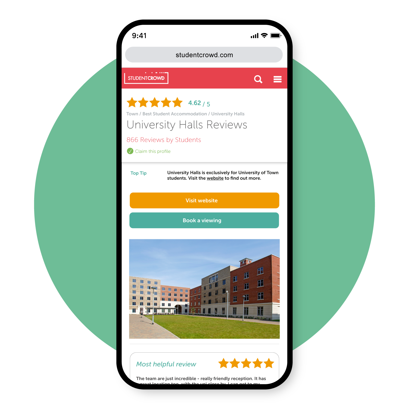 University Halls reviews on StudentCrowd shown on a mobile phone screen