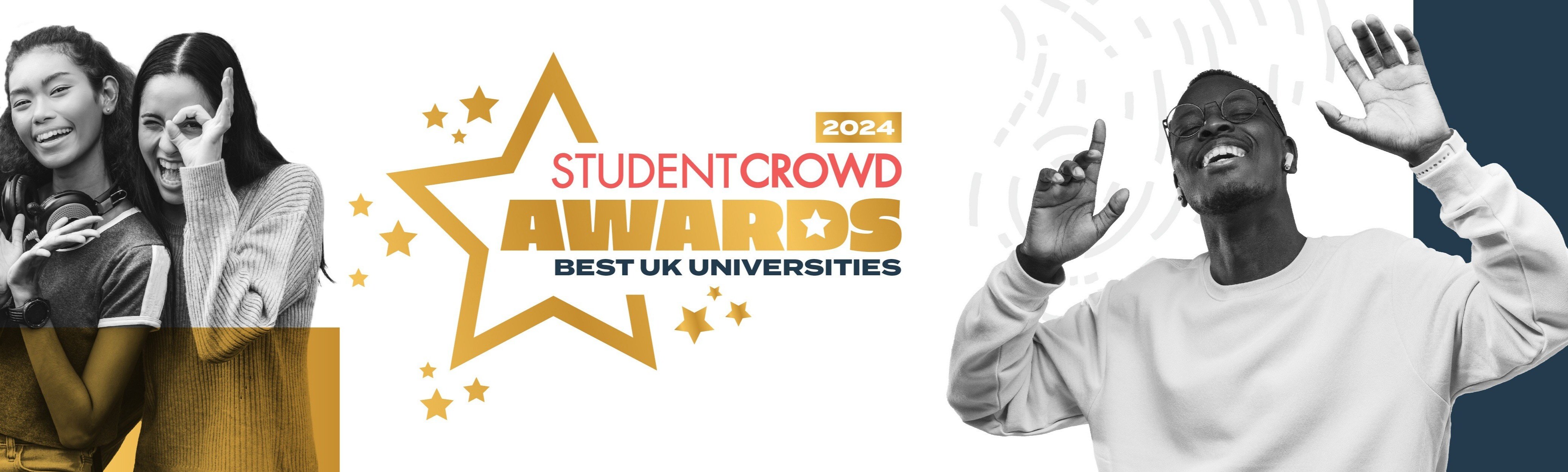 People posing next to text that says StudentCrowd Awards: Best UK Universities