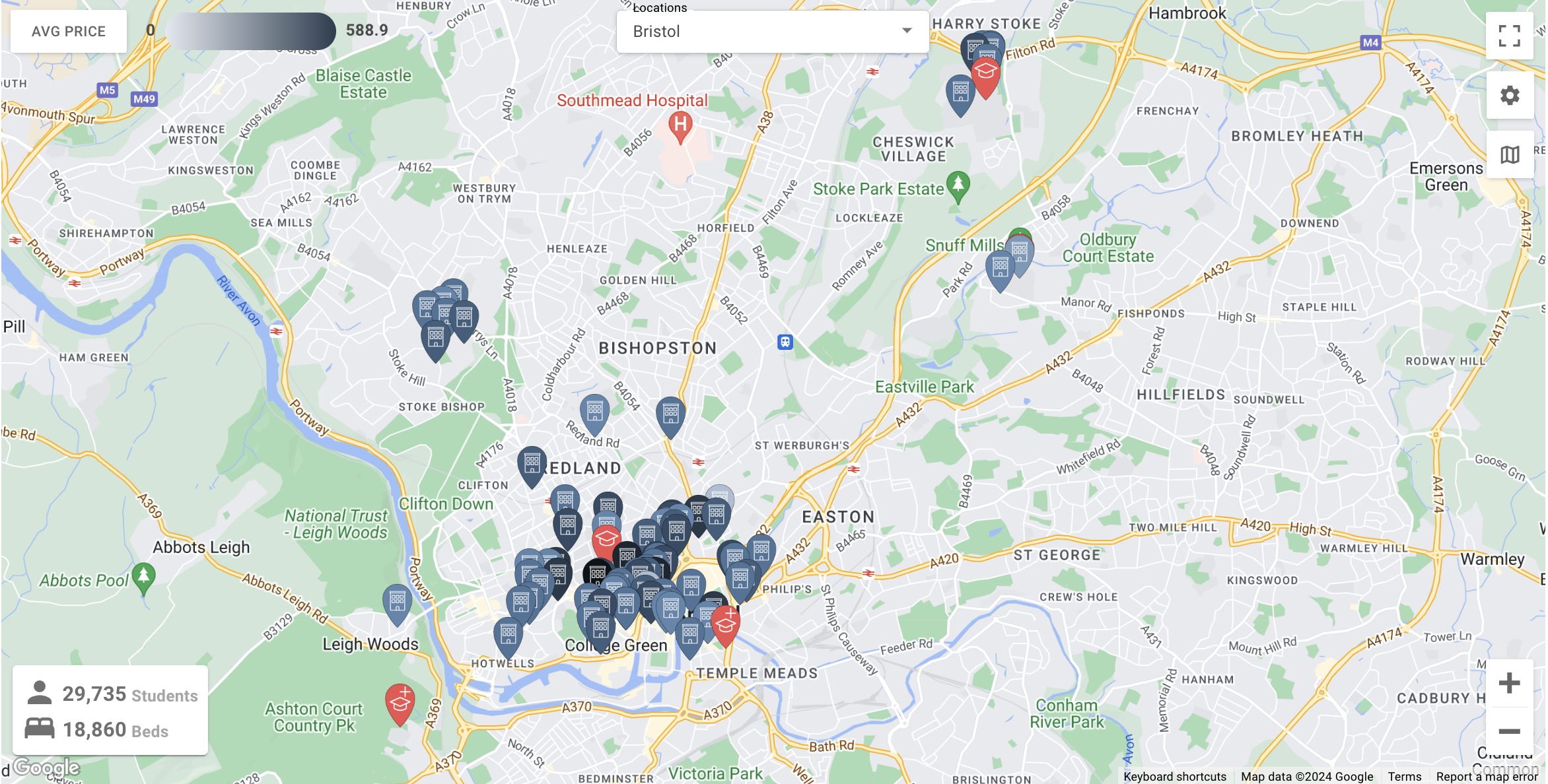 Map of Bristol with pins on it from StudentCrowd Insight Tool