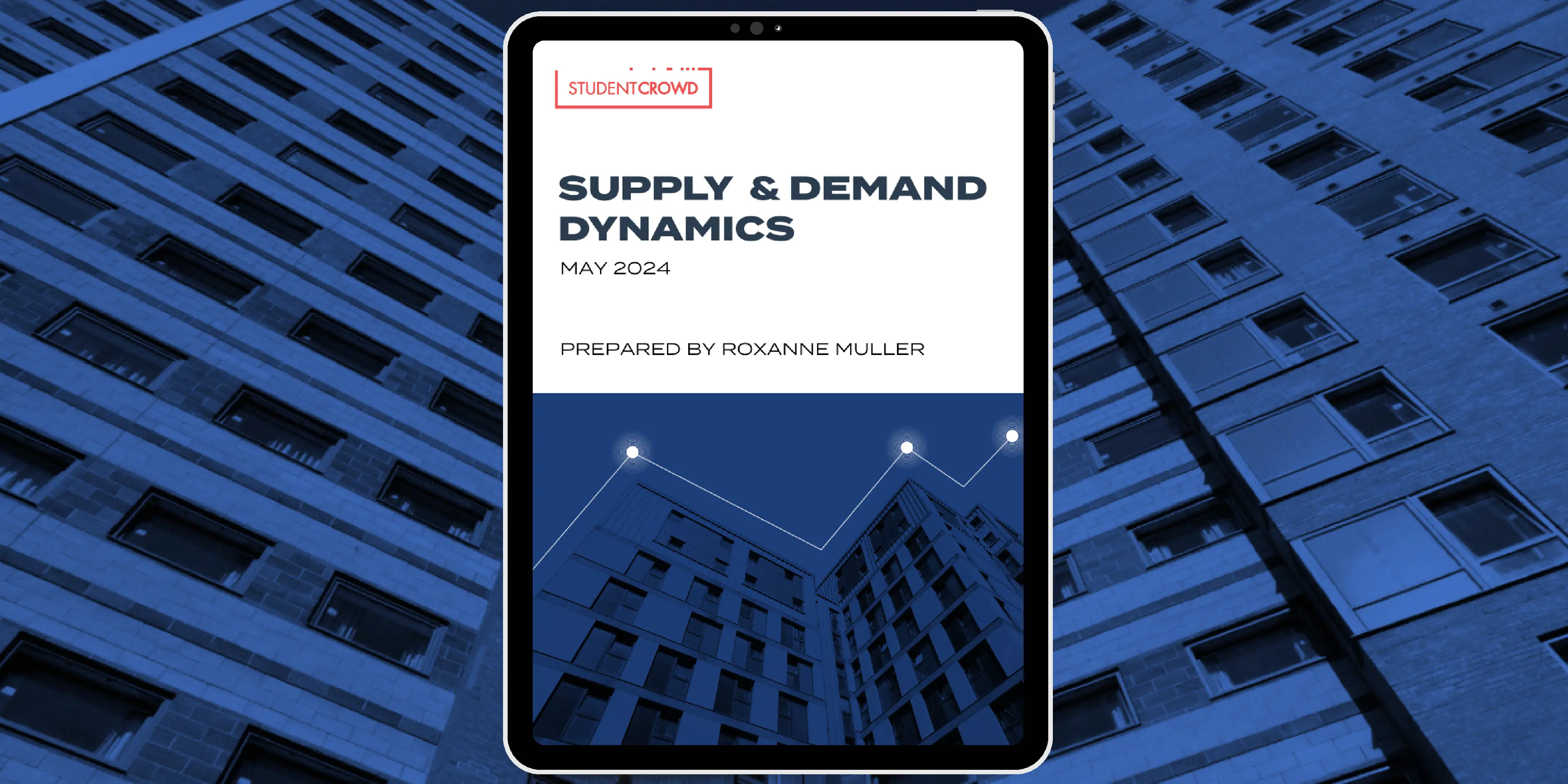 StudentCrowd Student Accommodation Supply and Demand Dynamics report cover displayed on a tablet