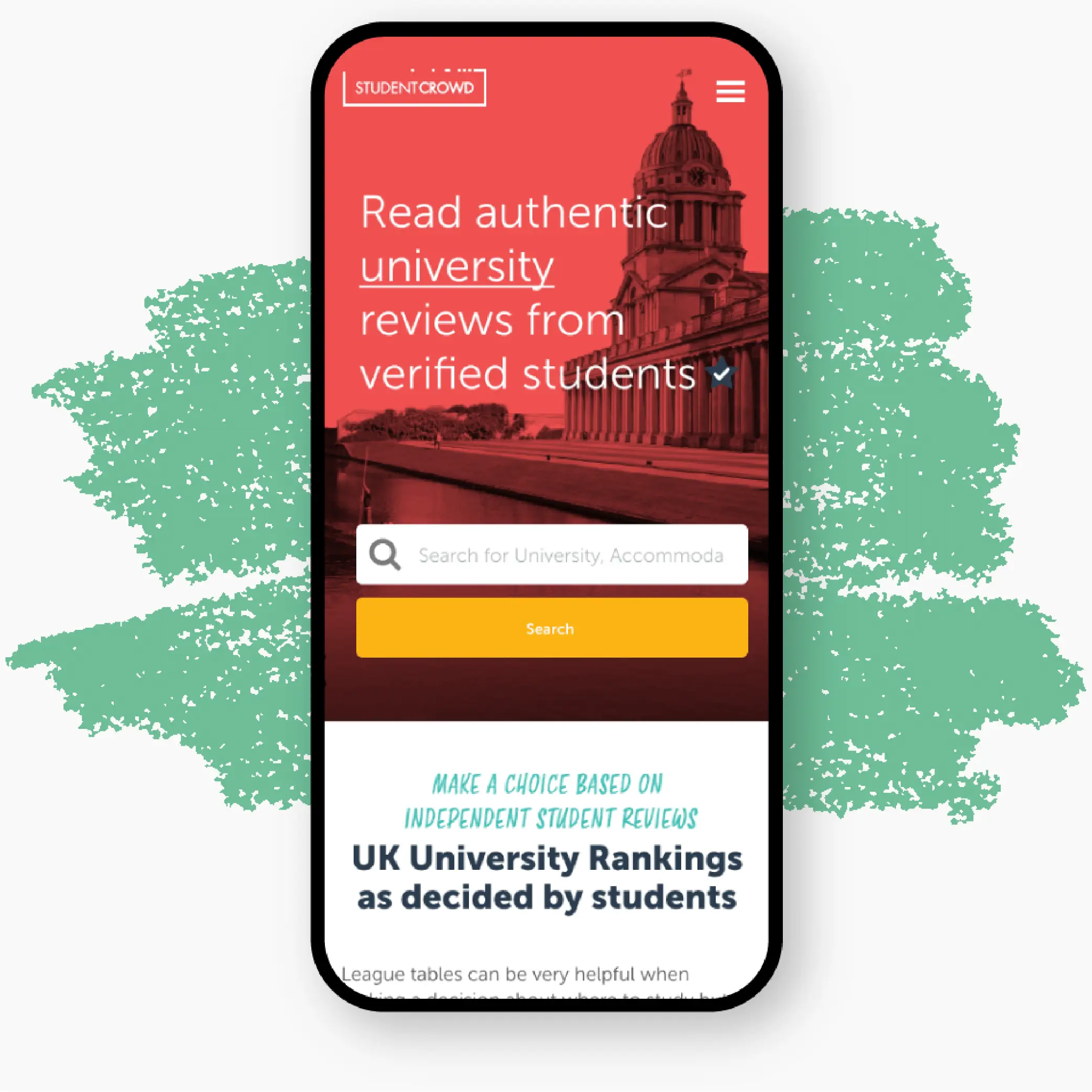 StudentCrowd Home page depicted on a mobile phone